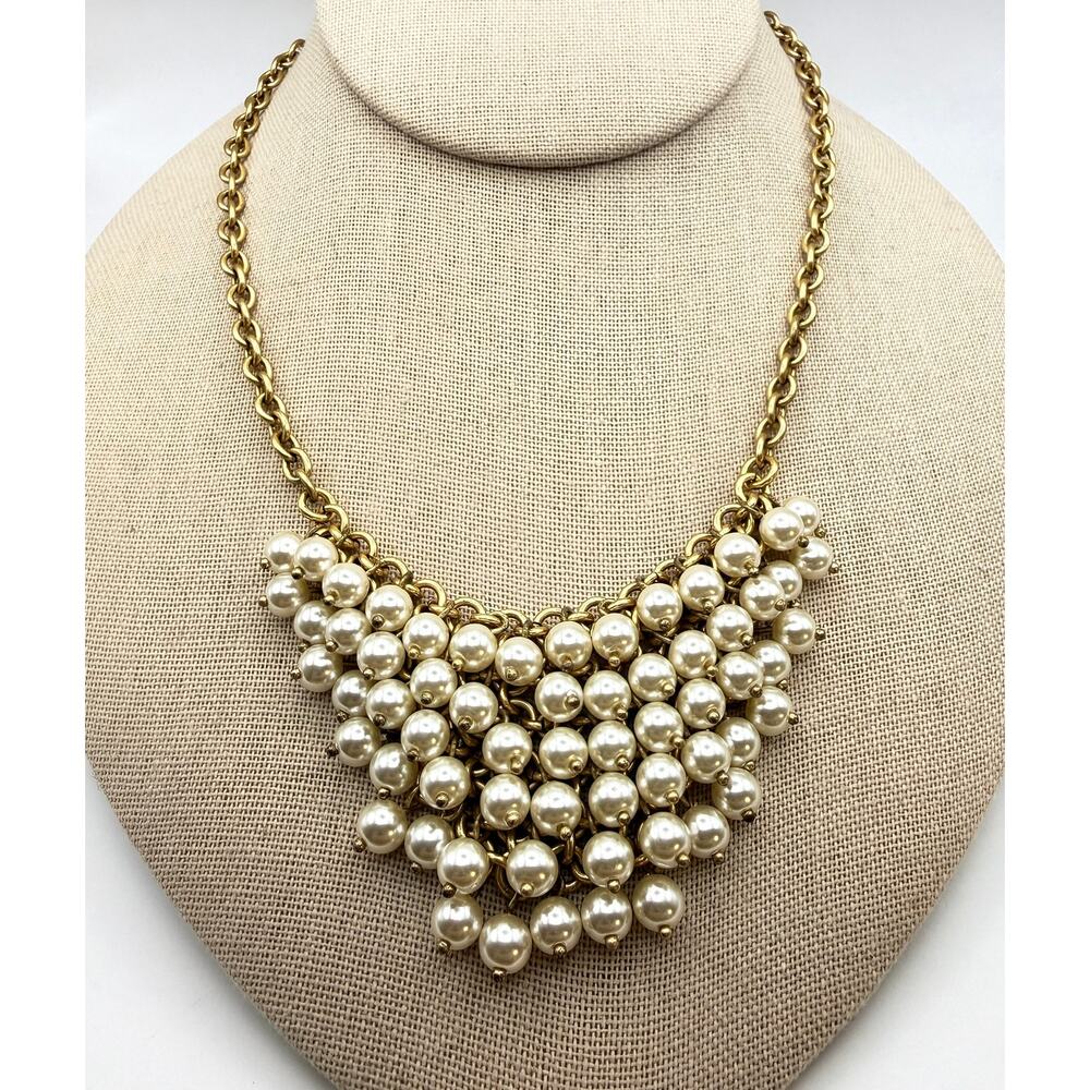 J Crew Faux Pearl Cluster Dangle Bib Statement Necklace Gold Tone Wedding 18"